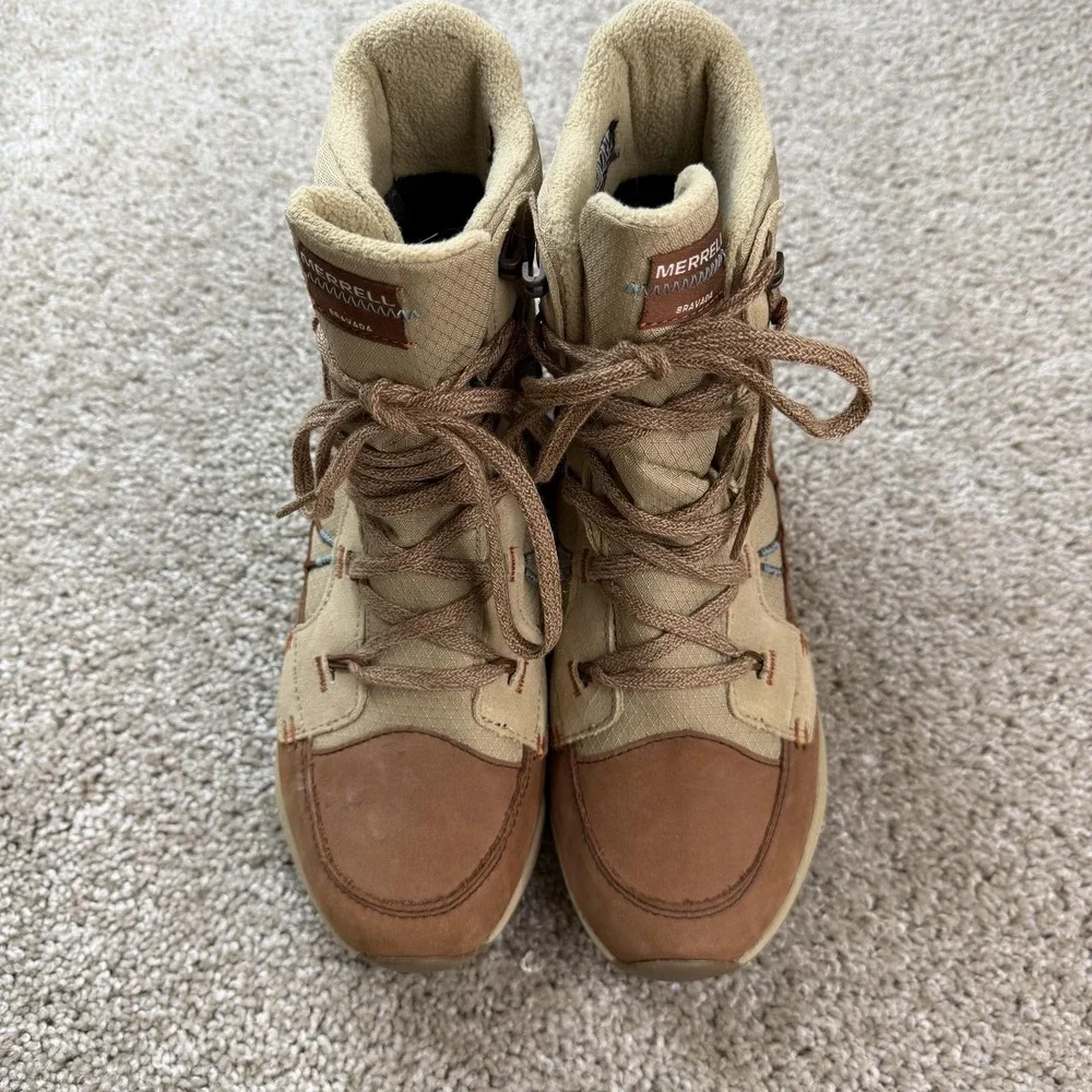 Merrell Boots Womens Size 8.5 Brown Snow Faux Fur Ankle Lace Up Winter Geometric